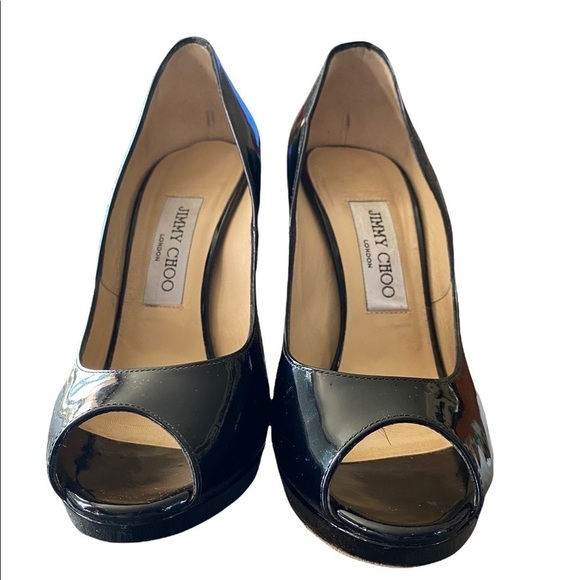 Jimmy Choo Black Patent Leather Comet Peep Toe Pumps Size 37.5 - Picture 2 of 9